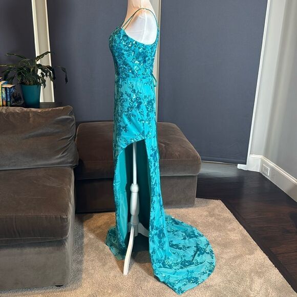 Women’s Blue Mermaid Fit Prom Party Dress Sparkly Sequins Leg Slit Size 2 NEW - Picture 6 of 11